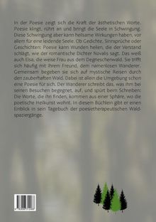 Text über die heilende Kraft der Poesie, Begegnungen im Wald. Unten rechts drei schwarze und zwei grüne Tannen.