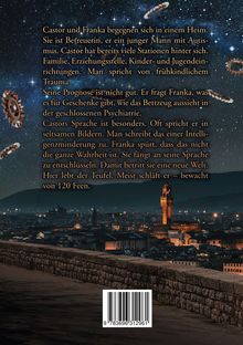 Castor und Franka begegnen sich in einem Heim. Stadt bei Nacht, Turm leuchtet, Zahnräder schweben, sternenübersäter Himmel.