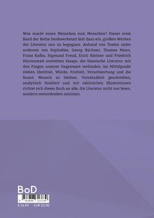 Ein lila Buchumschlag mit einem Text, der Essays über Literatur beschreibt, um Identität und Kunst zu reflektieren. Unten ist ein Barcode.
