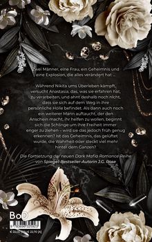 Text beschreibt eine spannende Geschichte über Geheimnisse und Überleben, umgeben von floralen und dunklen Elementen.