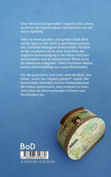 Ein blauer Hintergrund mit einem kleinen Koffer, der mit einer Weltkarte bedruckt ist. Linksseitiger Text beschreibt Geschichten.