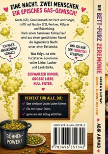 Klappentext mit lustigen Beschreibungen: "EINE NACHT. ZWEI MENSCHEN. EIN EPISCHES GAS-GEMISCH!", "BOHNEN-POWER!" Illustrationen von Gaswolken.