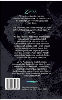 Titel "Zurück", Details zu Geschichten von acht Autorinnen über Rückkehr, Magie und Verwandlungen. 