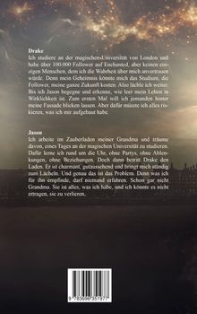 Text über Drake, der an einer magischen Universität studiert, und Jason, der im Laden seiner Grandma arbeitet. Hintergrund mit Sternen.