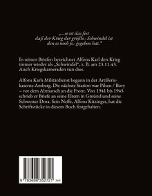 Ein Zitat über den Krieg als größter Schwindel. Erwähnung von Alfons Karls Dienst, Briefe, und Neffe Alfons Kitzinger. Barcode.