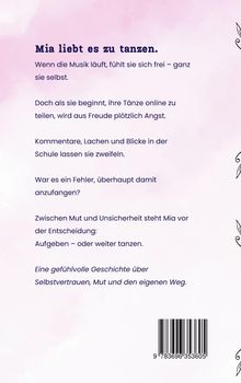 Mia liebt es zu tanzen. Einfühlsame Geschichte über Selbstvertrauen. Hintergrund in sanften Rosa- und Lilatönen mit dekorativen Elementen.