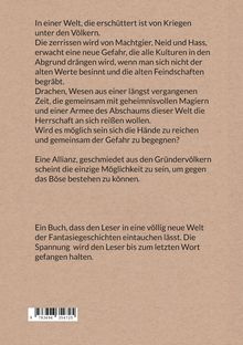 Ein Text beschreibt eine von Kriegen und Machtgier zerrissene Welt. Eine Allianz soll gegen Drachen und Magier kämpfen. Darunter ist ein Barcode. Der Hintergrund ist beige.