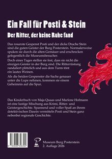 Ein Kinderbuchcover mit Titel "Ein Fall für Posti & Stein: Der Ritter, der keine Ruhe fand" und ein rotes Geisterwesen rechts.