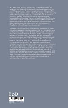 Grauer Hintergrund, Weißer Text: Diskussion über Erwerbsarbeit, zukünftige Arbeitslosigkeit, soziale Stabilität, Lebensfähigkeit 2040. Unten: "BoD", Preisangabe und Barcode.