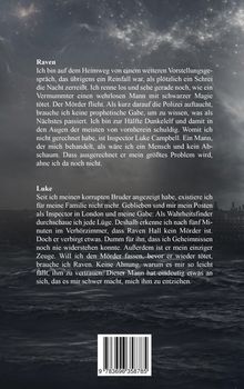 Im oberen Bereich steht der Text: "Eine Reihe brutaler Morde erschüttert das magische Viertel von London." Darunter ist ein Illustration eines Raben, umgeben von mystischen, lilafarbenen Rauchschwaden und goldenen Glitzereffekten. Unten links befindet sich ein magisches Symbol mit goldenen, leuchtenden Details.