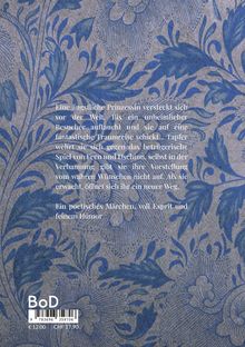 Eine ängstliche Prinzessin versteckt sich. Blaues, florales Muster auf grauem Hintergrund.