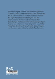 "Die Erfahrung der Fremde" behandelt Reise- und Exilliteratur des 20. Jh. Autoren: Byron, Lewis, Abish, Canetti, Kreisel. Oben Text, unten Barcode.