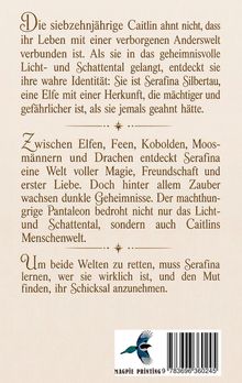 Text beschreibt Caitlins Entdeckung ihrer wahren Identität und Abenteuer in einer magischen Welt. Am Ende ein Logo mit Vogel.