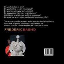 Text: Fragen zu eigenen Potenzialen und Werten. Buch bietet neue Richtungen. Name: Frederik Basho. Illustration einer Skulptur.