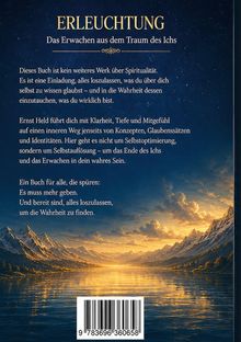 Text: „ERLEUCHTUNG: Das Erwachen aus dem Traum des Ichs“. Hintergrund: Majestätische Berge bei Sonnenuntergang, spiegelnd im See.
