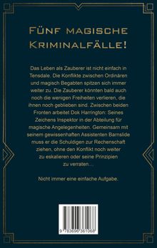 "Fünf magische Kriminalfälle! Das Leben als Zauberer ist nicht einfach in Tensdale." Goldene Rahmung auf dunklem Hintergrund.