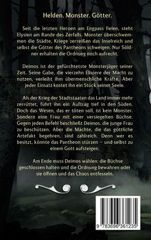Beschreibung über Kriege und Monster. Deimos, ein Monsterjäger, steht vor einer Wahl, die das Pantheon beeinflussen kann. Mystische Szenerie.