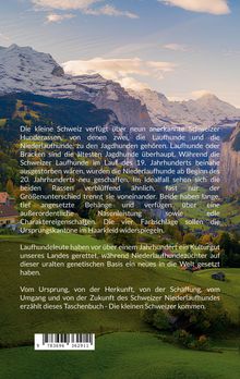 Text über Schweizer Hunderassen. Landschaft mit schneebedeckten Bergen, grünen Wiesen und Häusern im Tal.