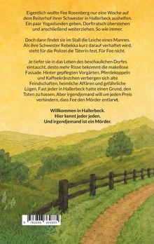Text über Fee Rosenberg, die im Dorf Hallerbeck auf einen Mord stößt. Unten eine Landschaftsillustration mit Wiesenweg.