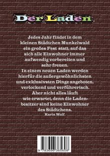 Oben steht „Der Laden“ in bunten Buchstaben. Darunter Text über ein Fest im Städtchen Munkelwald und einen neuen Laden.