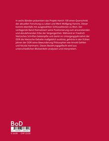 Ein roter Hintergrund mit einem Text über Wolfgang Harichs Werk und Nietzsche-Debatten. Unten steht "BoD" und Preise.