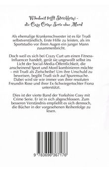 „Whodunit trifft Strickkrimi - die Cosy Crime Serie ohne Mord“. Text über eine Ex-Krankenschwester, die Verwicklungen mit einem Fitness-Influencer erlebt. Barcodes unten.