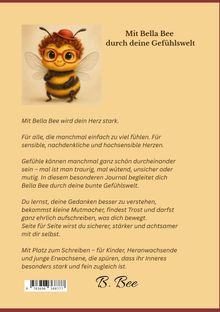 "Mit Bella Bee durch deine Gefühlswelt". Illustration: Niedliche Biene mit Brille und Hut, breitet Flügel aus. Braun-gelber Hintergrund.