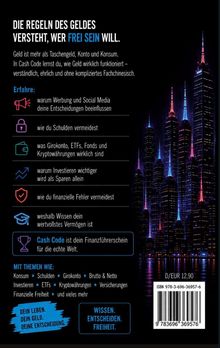 Text erklärt Finanzthemen wie Schuldenvermeidung und Investieren. Rechts sind beleuchtete Wolkenkratzer in Neonfarben.