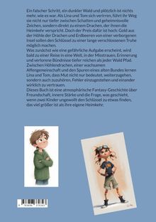 Text oben: Eine spannende Reise von Lina und Tom voller Geheimnisse und Herausforderungen. Darunter zwei kindliche Figuren.