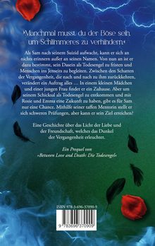 Zitat: "Manchmal musst du der Böse sein, um Schlimmeres zu verhindern." Himmel mit Blitzen, Federn und rote Blüten.