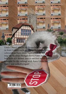 Text: Linda Uhland arbeitet im Bürgerbüro in Lauffen... Illustration mit Katze, Häusern, Turm, Geldscheinen und Stoppschild.