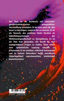 Ein sachbuchartiger, gesellschaftskritischer Text vor einem bunten, abstrakten Hintergrund mit roten und violetten Spritzern.