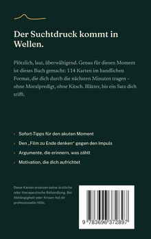 „Der Suchtdruck kommt in Wellen.“ Buchbeschreibung mit Tipps gegen Sucht, Barcode unten rechts, dunkler Hintergrund.