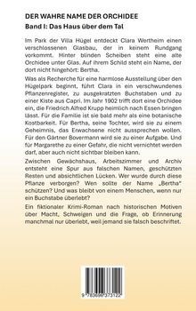 Ein Text auf cremefarbenem Hintergrund beschreibt die mysteriöse Geschichte einer Orchidee namens Bertha. Darunter Barcode.