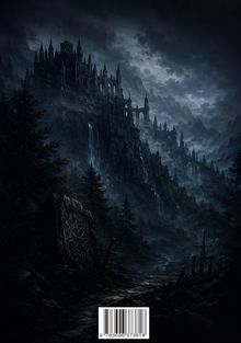 Strichcode: 9783696373818. Dunkle, mystische Landschaft mit Burg, nebelverhangenen Bergen und Wäldern, samt Grabstein und Schwertern.