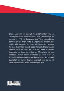 Text über ein Exzerpt zur Diplomarbeit über Schizophrenie von 1998. Preisangabe: €14,99 und CHF 21,90.