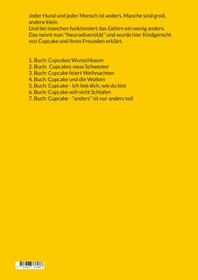 Gelber Hintergrund, Text über Neurodiversität und Listen von Büchern über Cupcake und Freunde in Weiß und Gelb. Barcodelabel unten.