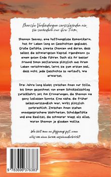 Ein Text auf einem zerrissenen Papier beschreibt eine romantische Geschichte. Hintergrund: Sonnenuntergang über Meer.