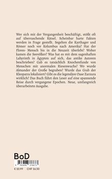 Text fragt nach historischen Rätseln zu Seefahrt, Labyrinth, Riesenknochen, Gräbern. Unten BoD-Logo und Preisangabe.