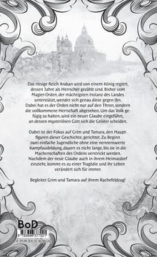 Text über das Reich Arakan, regiert von einem König, mit Fokus auf Grim und Tamara. Ornamente und verblasste Architektur im Hintergrund.