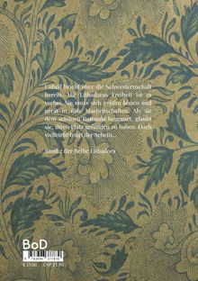 Der Text beschreibt eine Bedrohung für die Schwesternschaft und Lithadora. Blau-grünes florales Muster füllt den Hintergrund.