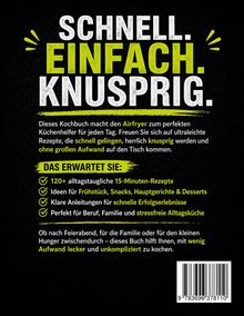 "Schnell. Einfach. Knusprig." in großen Lettern. Infos zu 15-Minuten-Rezepten, Frühstücksideen und einfacher Küche.