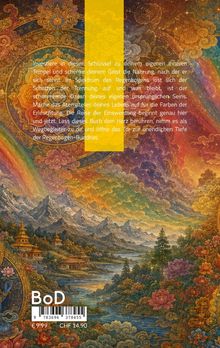Text: Meditativer Aufruf zur inneren Erleuchtung durch ein Buch. Illustration: Bunte, spirituelle Landschaft mit Tempeln und Bergen.