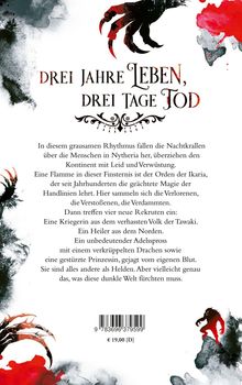 "Drei Jahre Leben, drei Tage Tod" steht prominent. Darunter Text über Helden in einer düsteren Welt. Illustration mit roten und grauen Elementen.