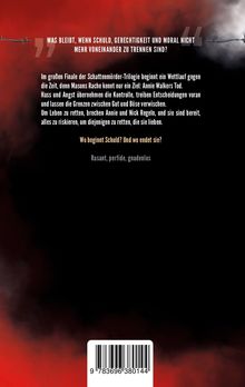 Text: „Was bleibt, wenn Schuld, Gerechtigkeit und Moral nicht mehr voneinander zu trennen sind?“ Roter und schwarzer Hintergrund.