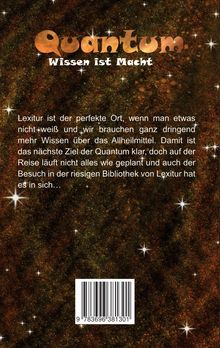 „Quantum: Wissen ist Macht.“ Text über Lexitur als Wissensquelle. Sternenhintergrund mit Barcode unten.