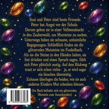 Susi und Peter sind beste Freunde. Sie suchen nachts Mutsteine im Zauberwald. Bunte Edelsteine sind auf einem dunklen Hintergrund.