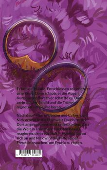 Text über magische Welten, Runen und Konflikte. Hintergrund in Lila mit zwei goldenen Ringen, Illustration.
