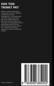 "DER TOD TRINKT MIT" gefolgt von einer spannenden Beschreibung; unten ein Barcode, darunter der Name Richard Feldmann.