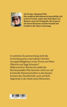 Biografie von Uta Kropp, Thema eines Krimis, Porträt einer Frau mit Brille und Hut, gelber Hintergrund.